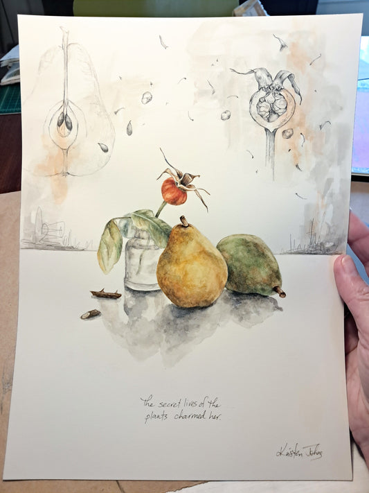 Pear and Rosehip - original painting, 9x12 inches