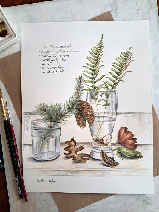 Nature still life with ferns - original painting, 9x12 inches