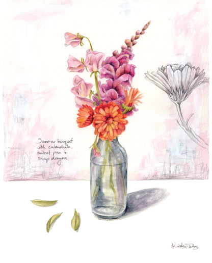 Calendula and sweet pea still life - Art Print
