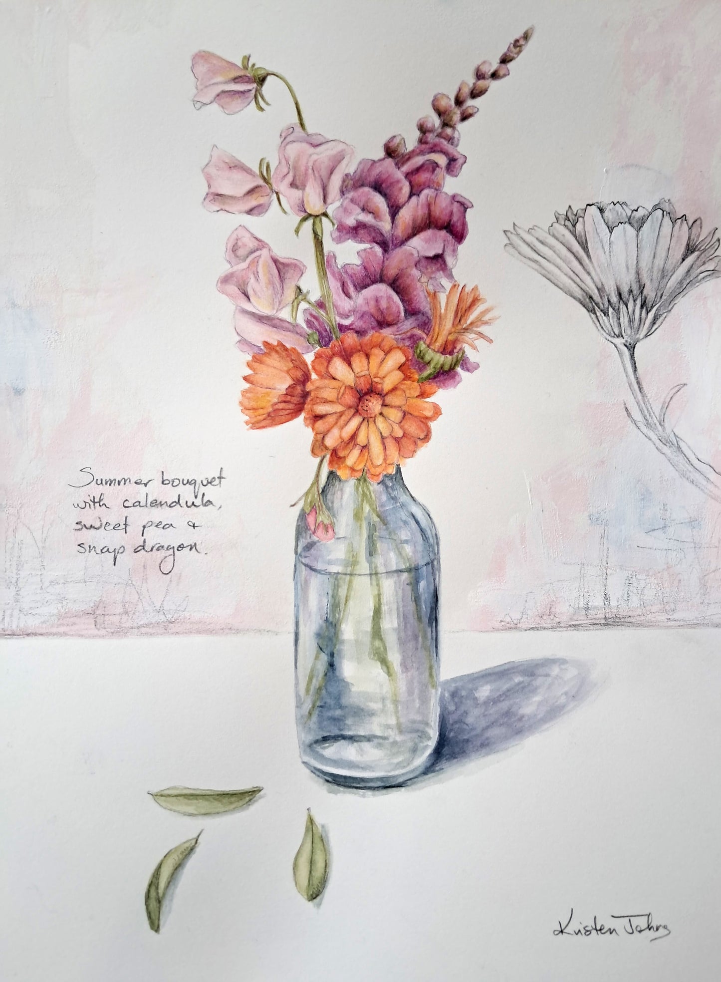 Summer Bouquet with Calendula - original painting, 9x12 inches