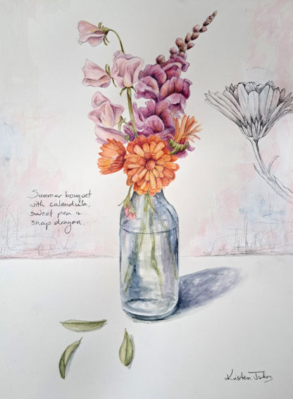 Summer Bouquet with Calendula - original painting, 9x12 inches