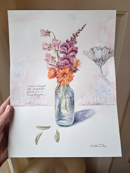 Summer Bouquet with Calendula - original painting, 9x12 inches
