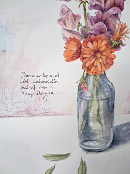 Summer Bouquet with Calendula - original painting, 9x12 inches