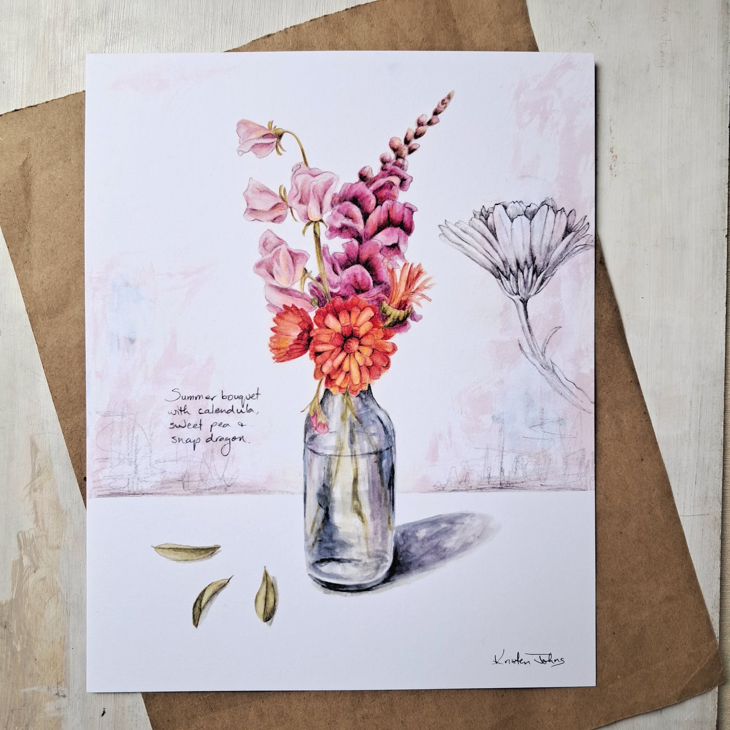 Calendula and sweet pea still life - Art Print