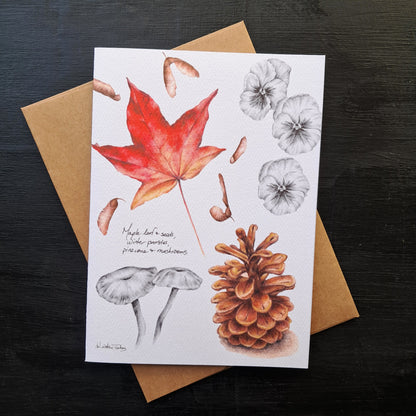 Fall botanicals with maple and mushrooms - Greeting Card