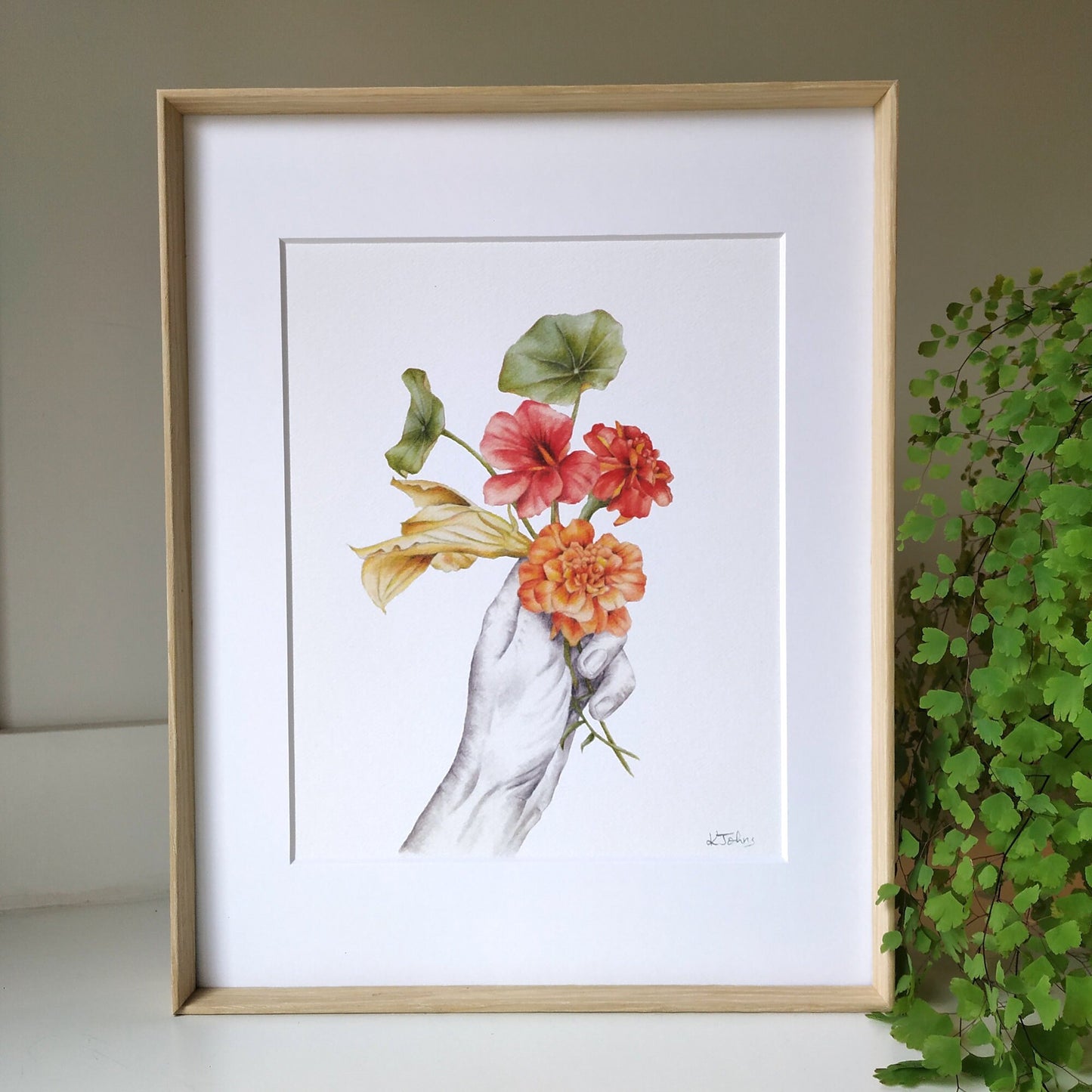 Nasturtium bouquet with marigold & squash blossom - Art Print