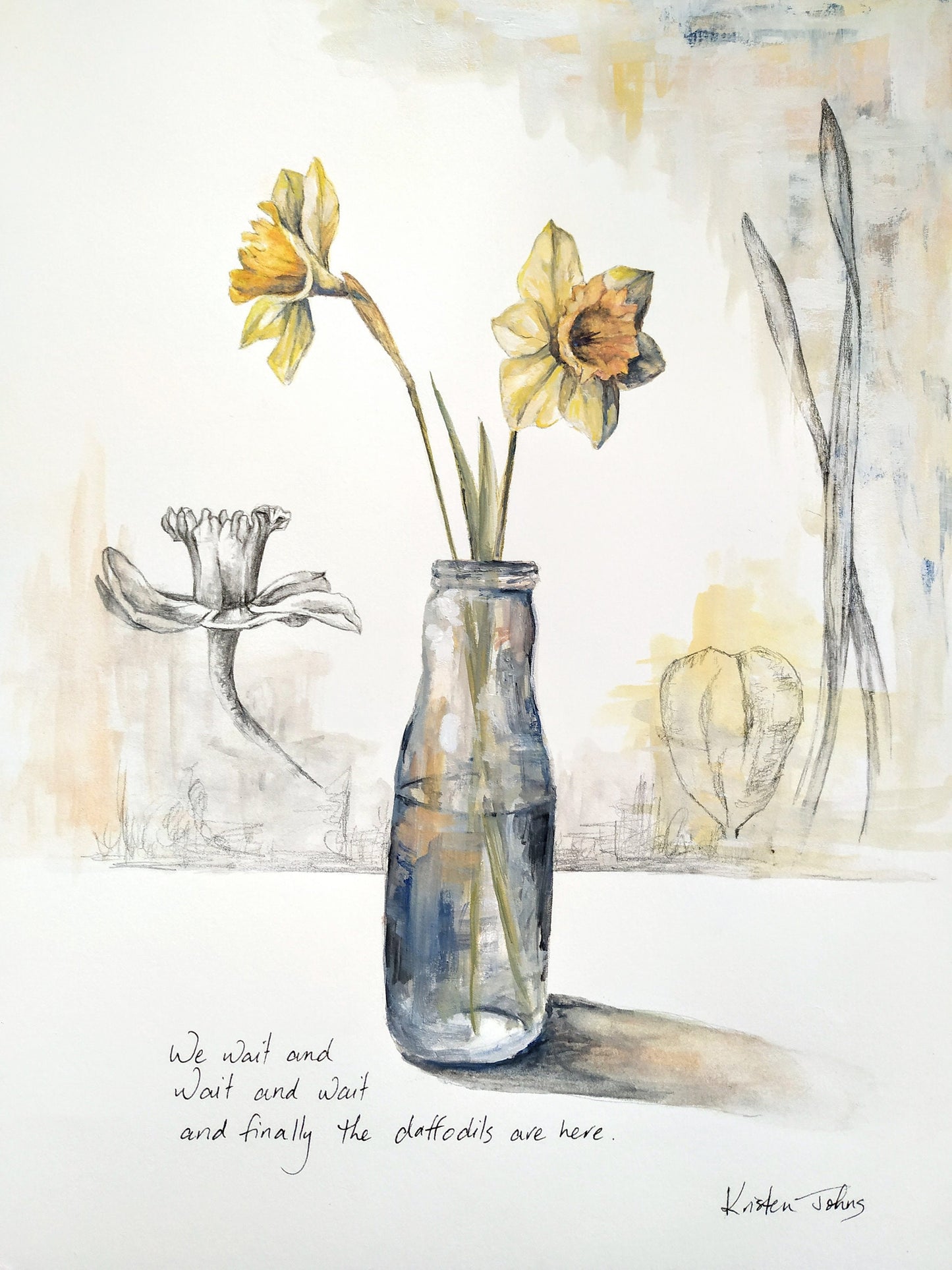 Daffodils in jar - original painting, 9x12 inches