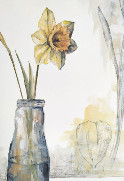 Daffodils in jar - original painting, 9x12 inches