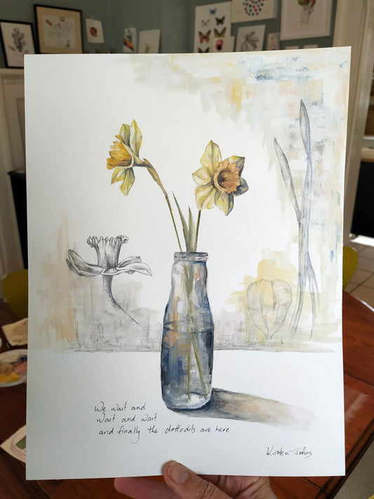 Daffodils in jar - original painting, 9x12 inches