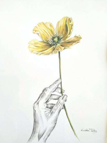 Lifting a yellow poppy - original painting, 9x12inches