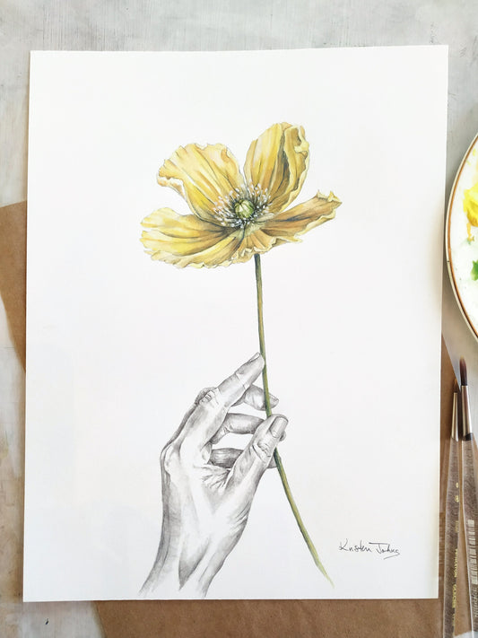 Lifting a yellow poppy - original painting, 9x12inches