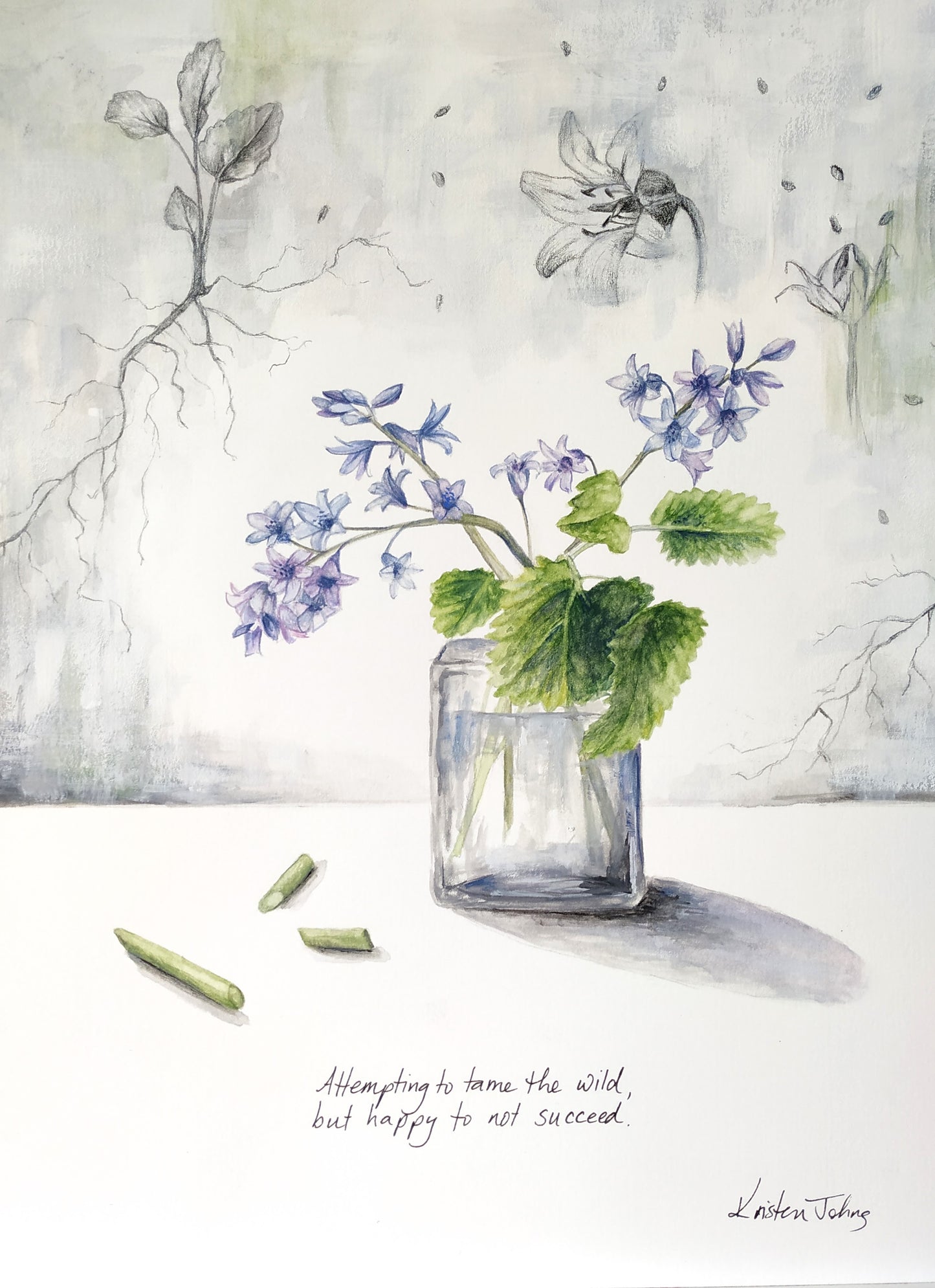 Bluebells and Mint - original painting, 9x12 inches