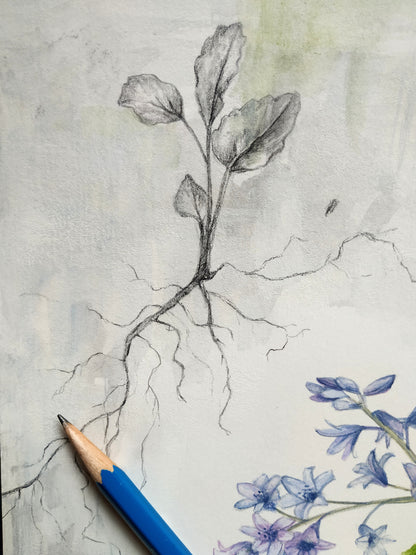 Bluebells and Mint - original painting, 9x12 inches