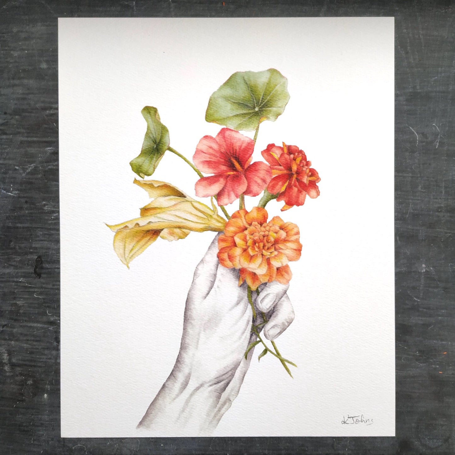 Nasturtium bouquet with marigold & squash blossom - Art Print