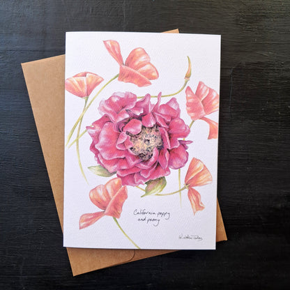 California poppies and peony - Greeting Card