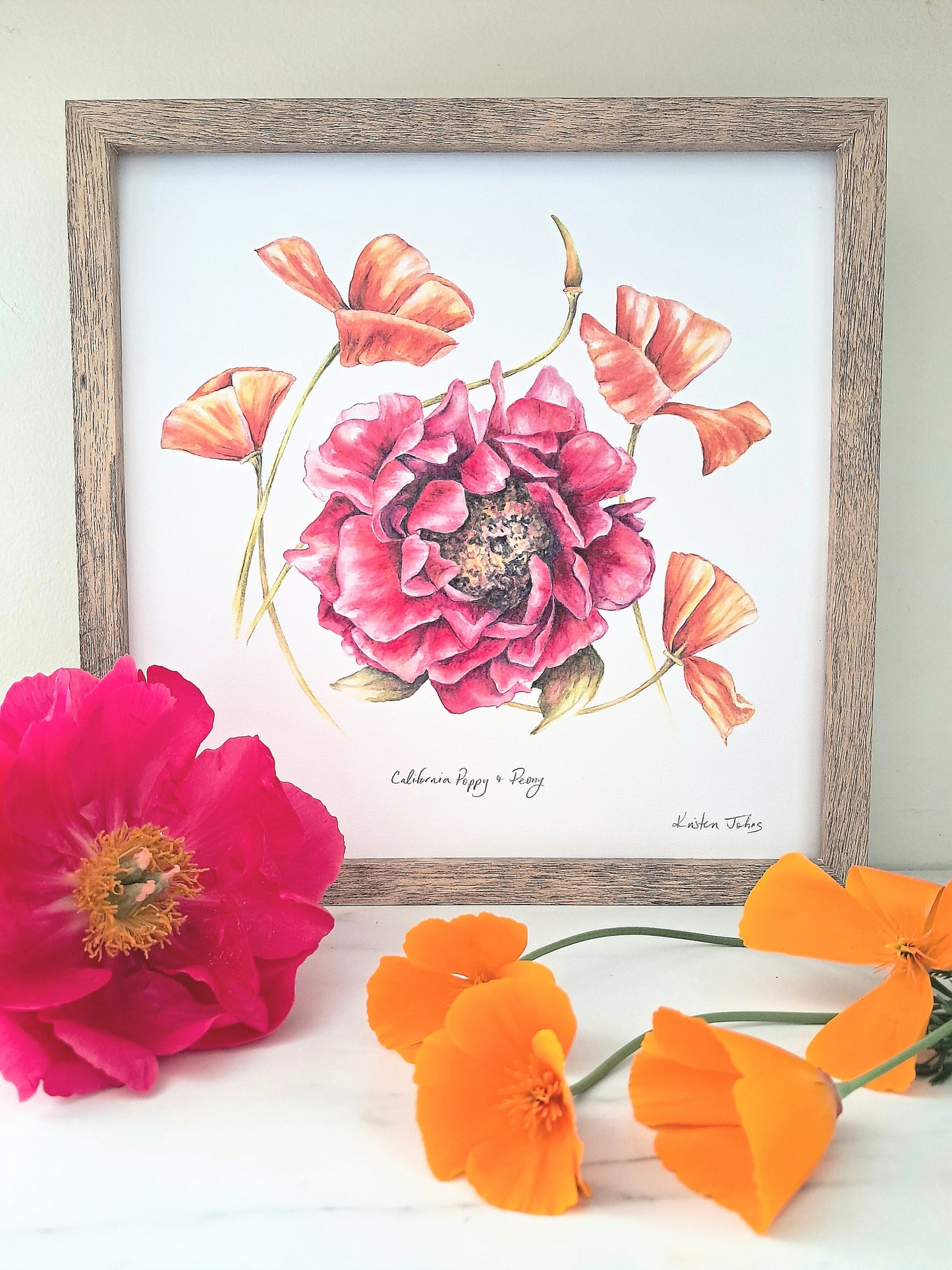 California poppy and peony - Art Print