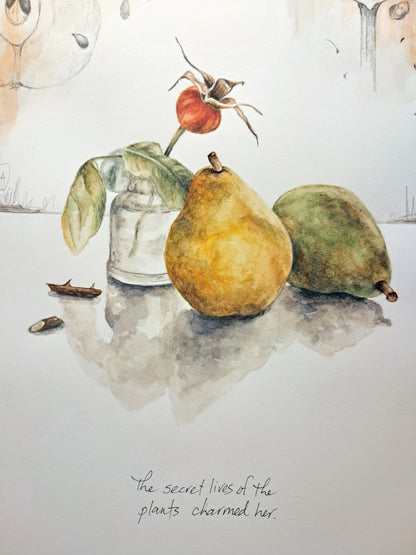 Pear and Rosehip - original painting, 9x12 inches