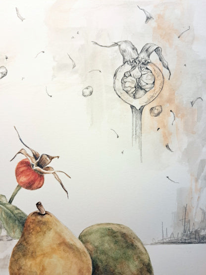 Pear and Rosehip - original painting, 9x12 inches