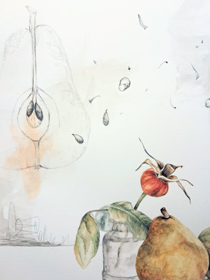 Pear and Rosehip - original painting, 9x12 inches