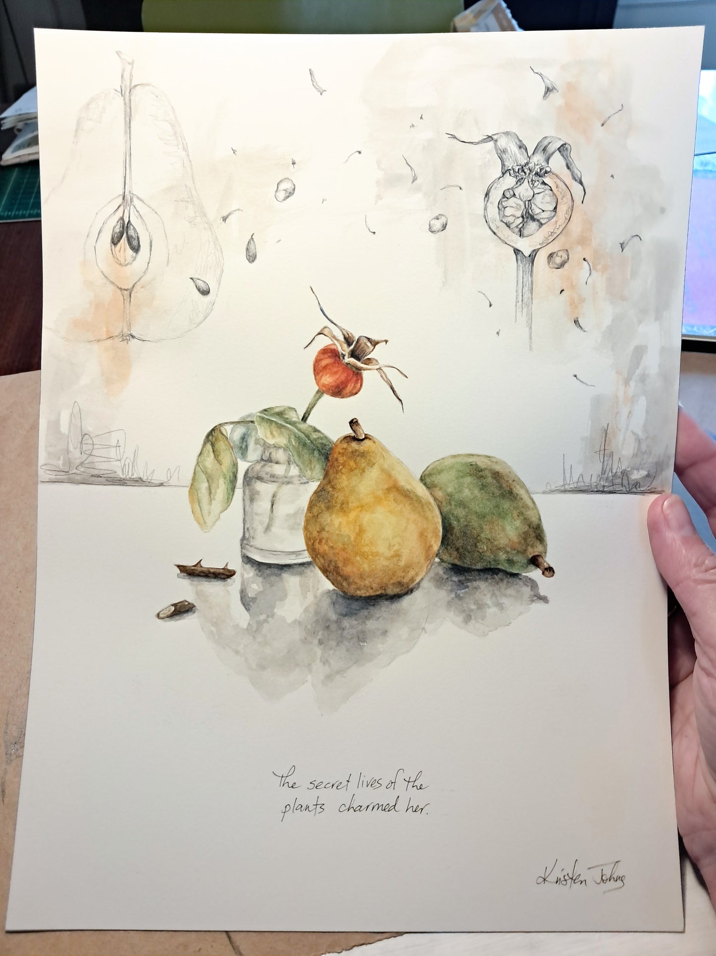 Pear and Rosehip - original painting, 9x12 inches