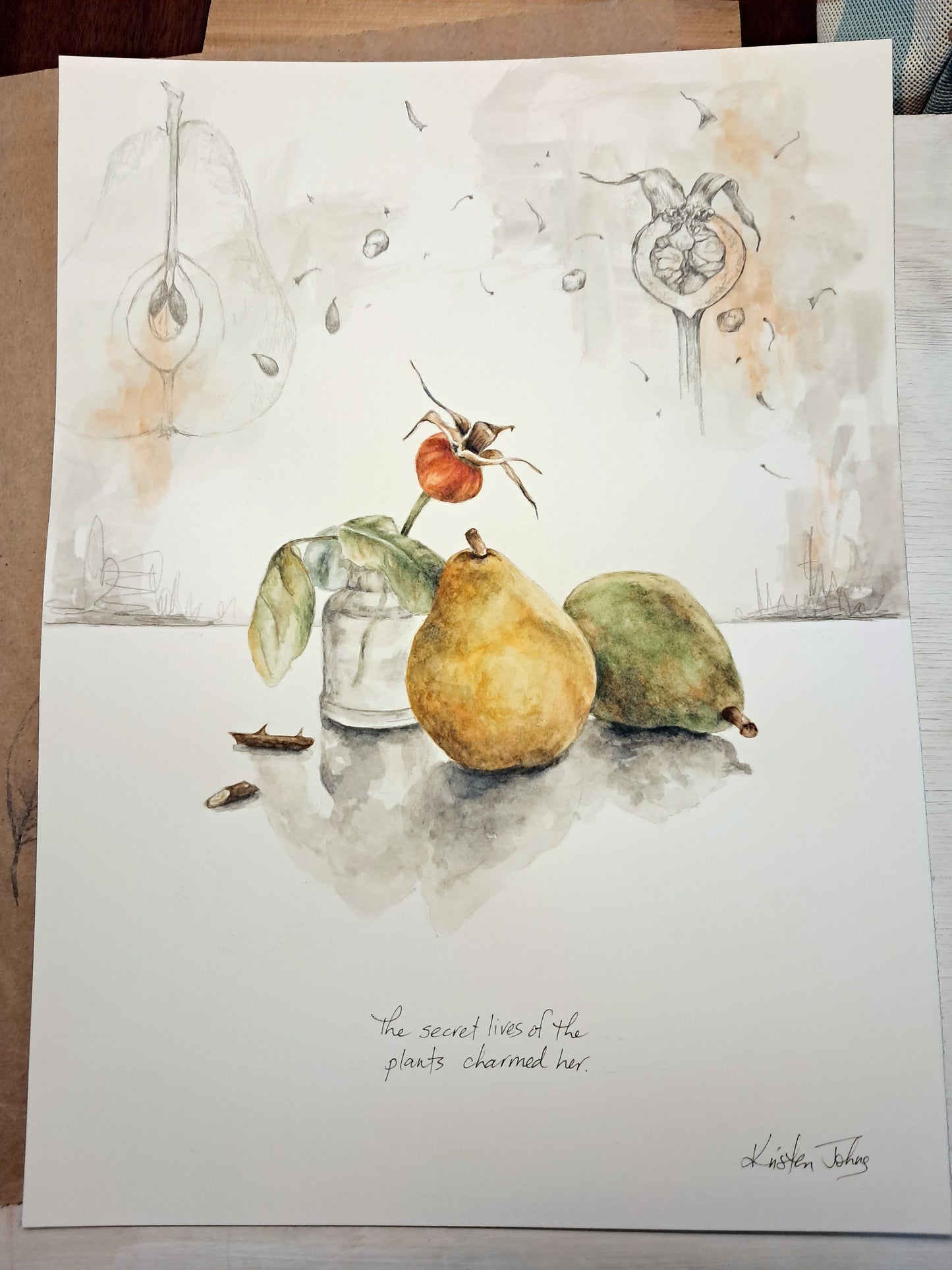 Pear and Rosehip - original painting, 9x12 inches