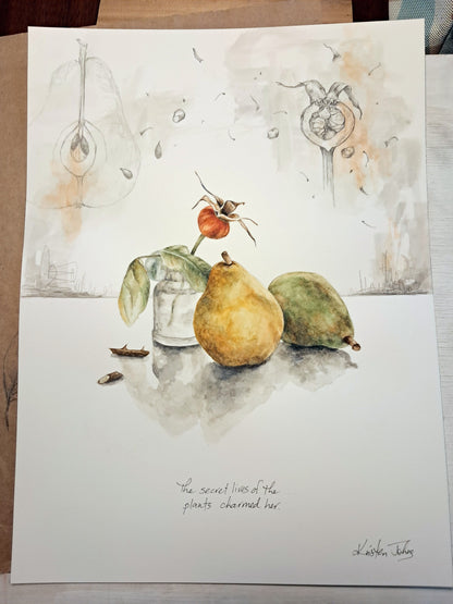 Pear and Rosehip - original painting, 9x12 inches