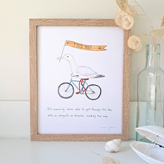 seagulls on bicycles - Art Print