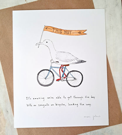 seagulls on bicycles - Art Print
