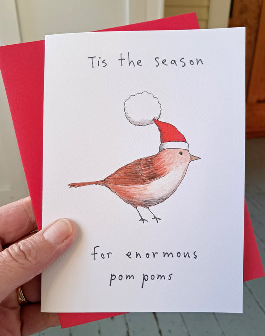 Bird with pom pom - Holiday Greeting Card