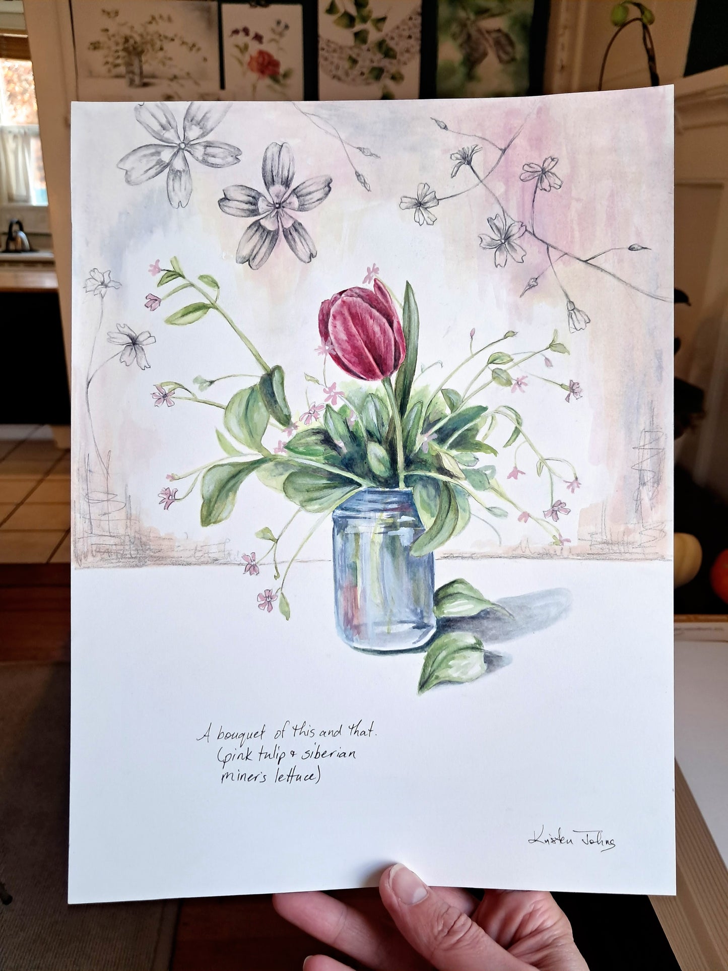 Tulip and Miner's Lettuce - original painting, 9x12 inches