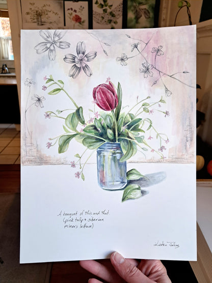 Tulip and Miner's Lettuce - original painting, 9x12 inches