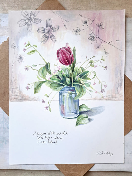 Tulip and Miner's Lettuce - original painting, 9x12 inches