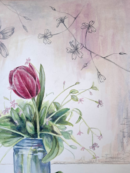 Tulip and Miner's Lettuce - original painting, 9x12 inches