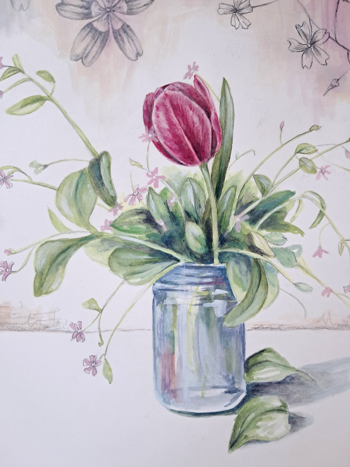 Tulip and Miner's Lettuce - original painting, 9x12 inches