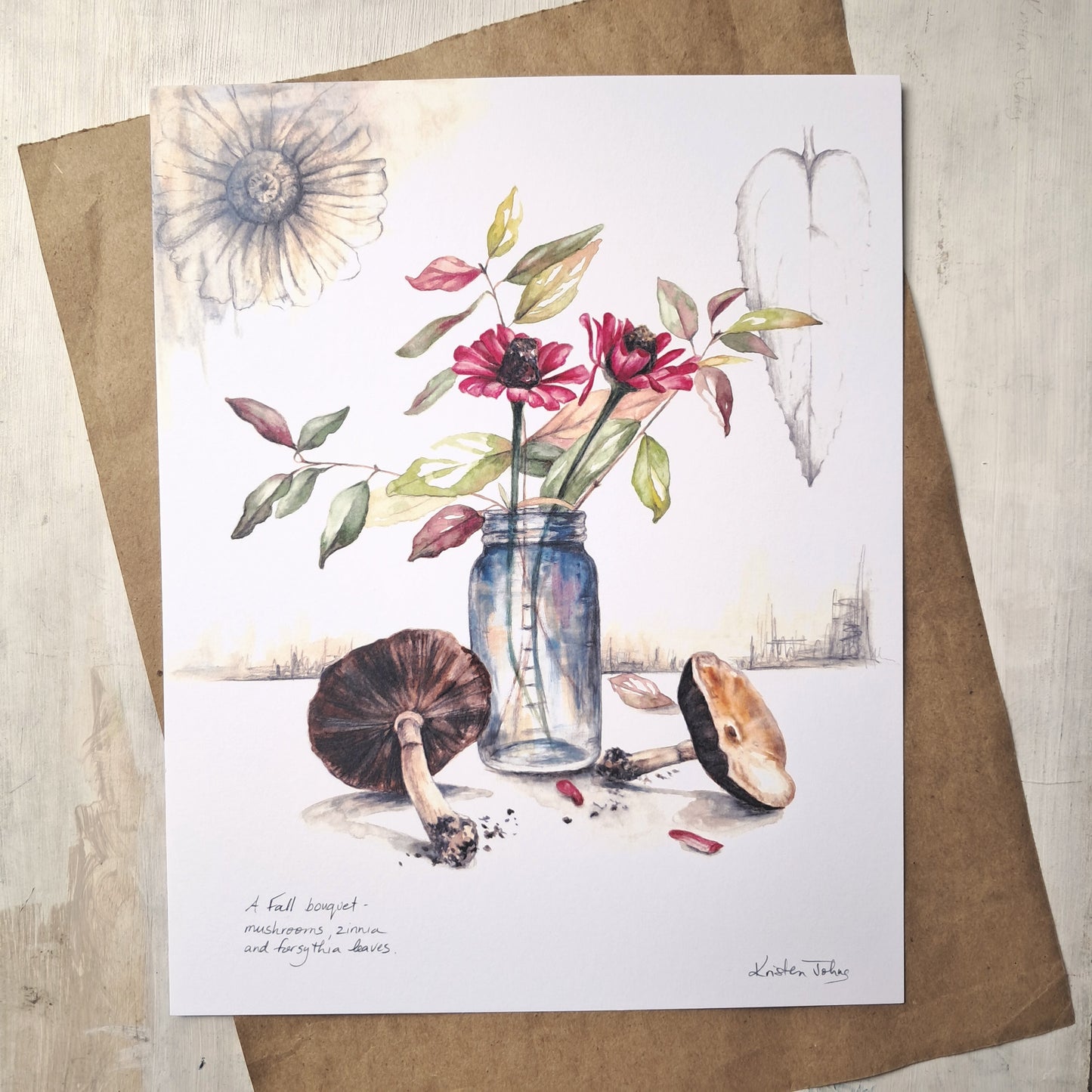 Mushrooms and zinnia still life - Art Print