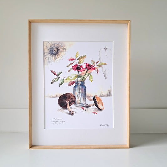 Mushrooms and zinnia still life - Art Print