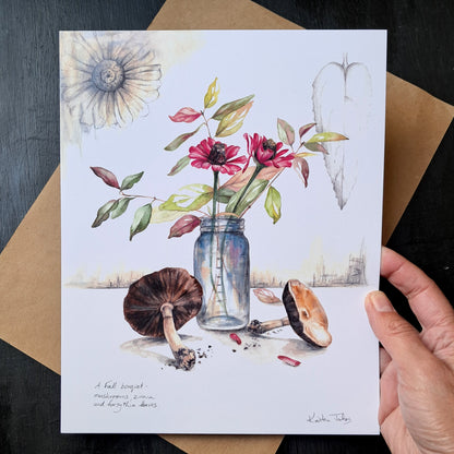 Mushrooms and zinnia still life - Art Print