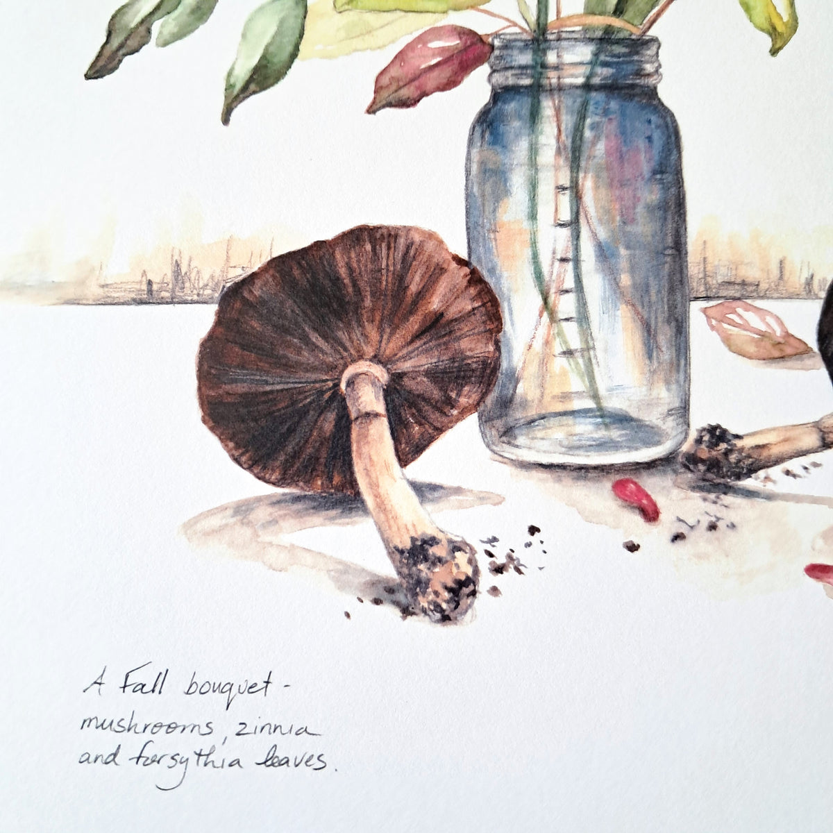 Mushrooms and zinnia still life - Art Print
