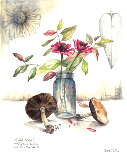 Mushrooms and zinnia still life - Art Print