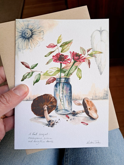 Bouquet with zinnia and mushrooms - Greeting Card