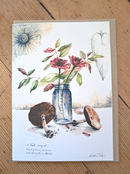Bouquet with zinnia and mushrooms - Greeting Card
